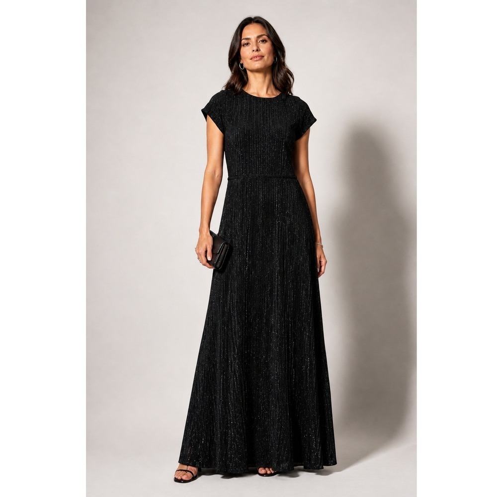 Leslie Fay Womens Dress 14 Black Metallic Pleated V-Back Gown Wedding Holiday